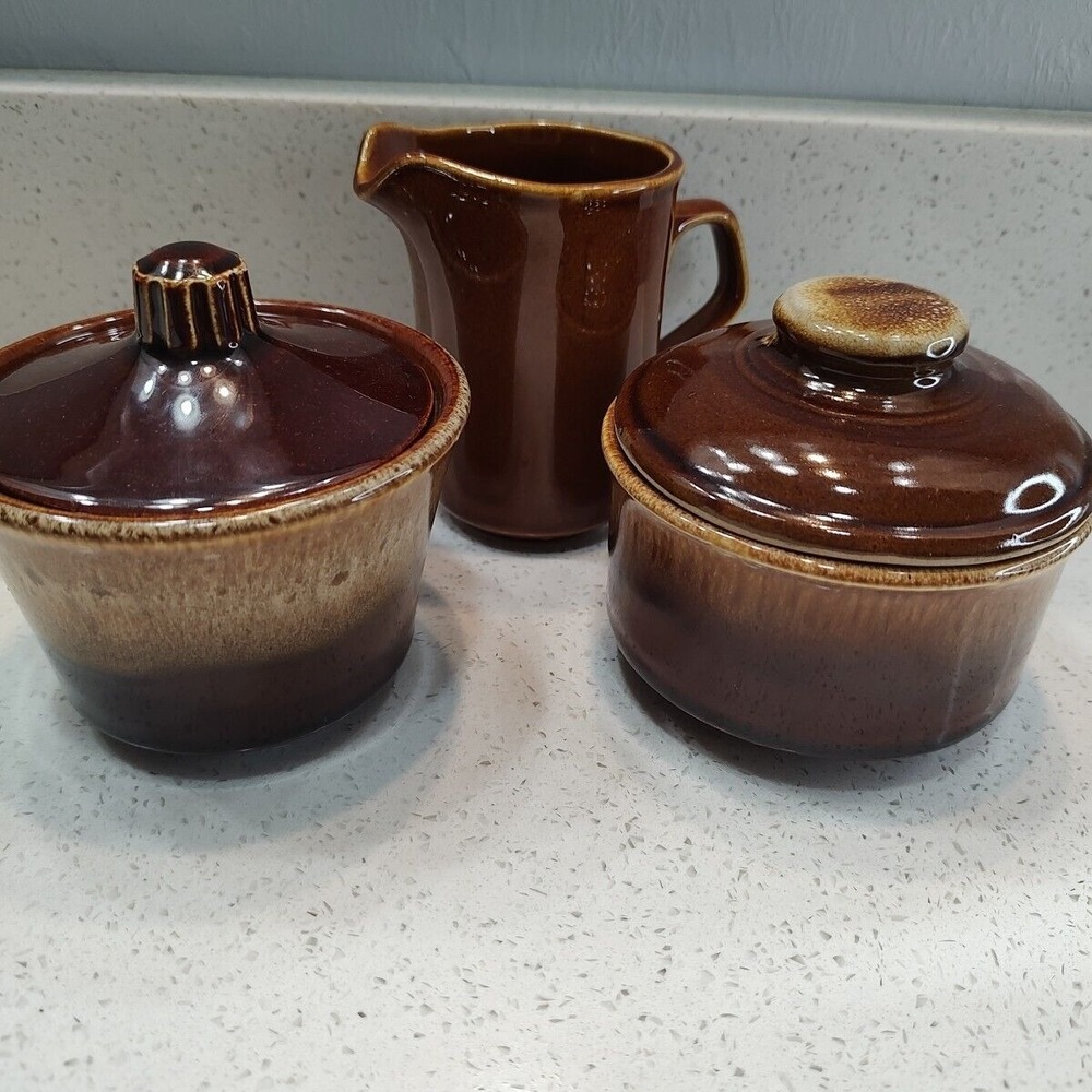 Vintage Lot Oven Proof Pottery Brown Drip Glaze Creamer Sugar Bowl‎ Cottage Core